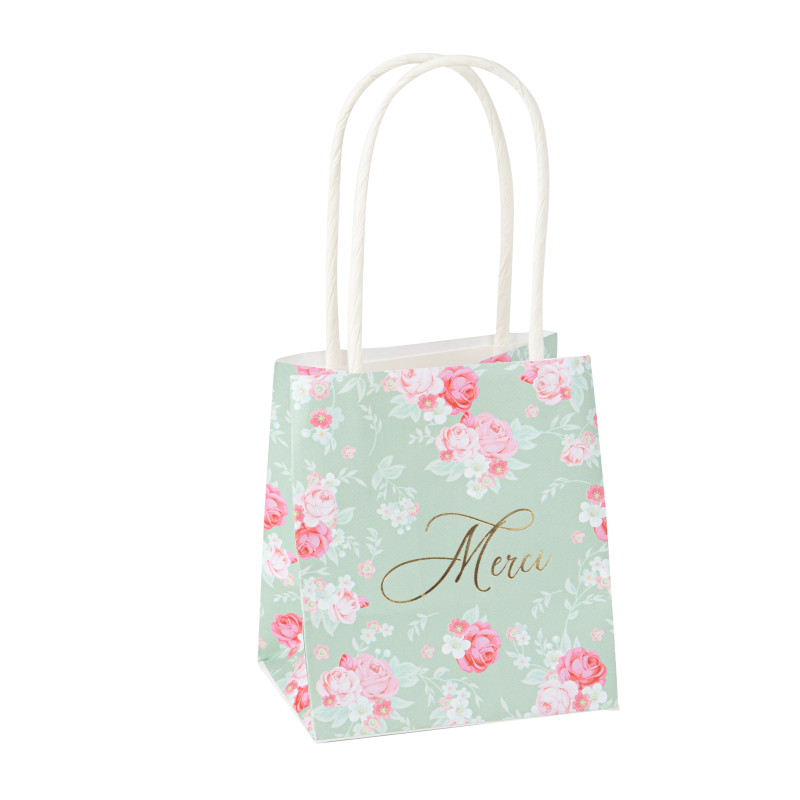 4 sacs à cadeaux merci spring papier vert sauge, rose et or 10x11x7cm + anses blanc
