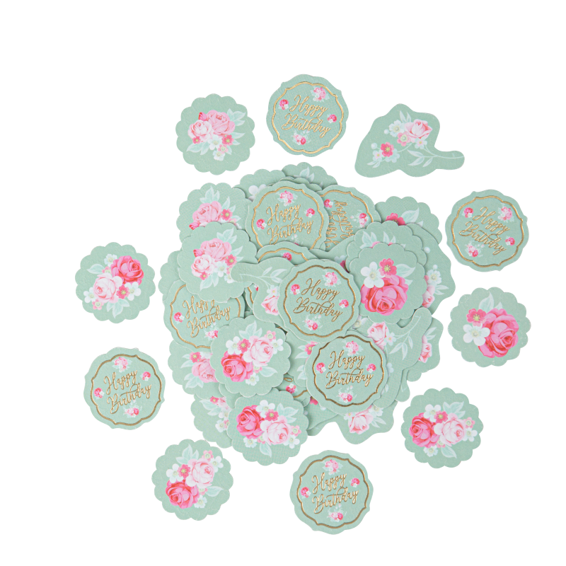 100 confettis happy birthday spring vert sauge, rose et or de 3 a 3,5 cm
