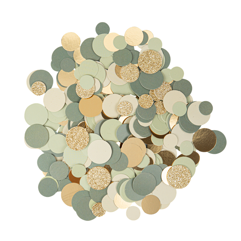 Confettis papier dégrade de vert sauge or et paillettes or de 1,5 à 2,5cm 14g