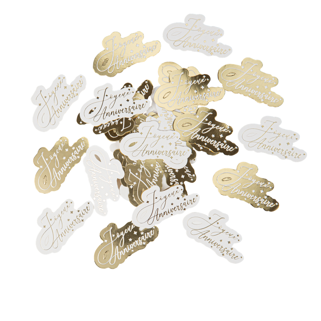 Confettis "joyeux anniversaire" papier or et blanc 2,7x5cm environ 100pcs