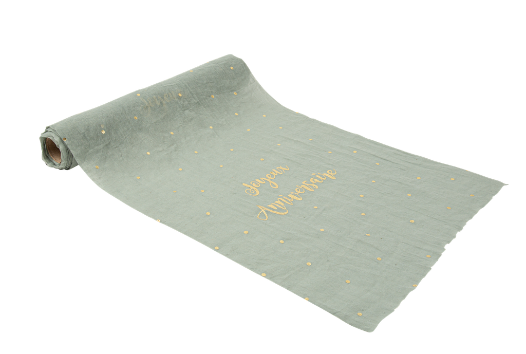 Chemin de table "joyeux anniversaire" mousseline vert sauge et pois or 28cmx5m