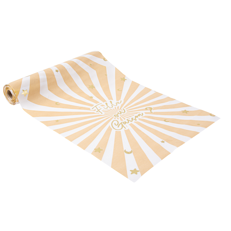 Chemin de table"fille ou garçon" tissu nude camel blanc et or 28cm x 3m