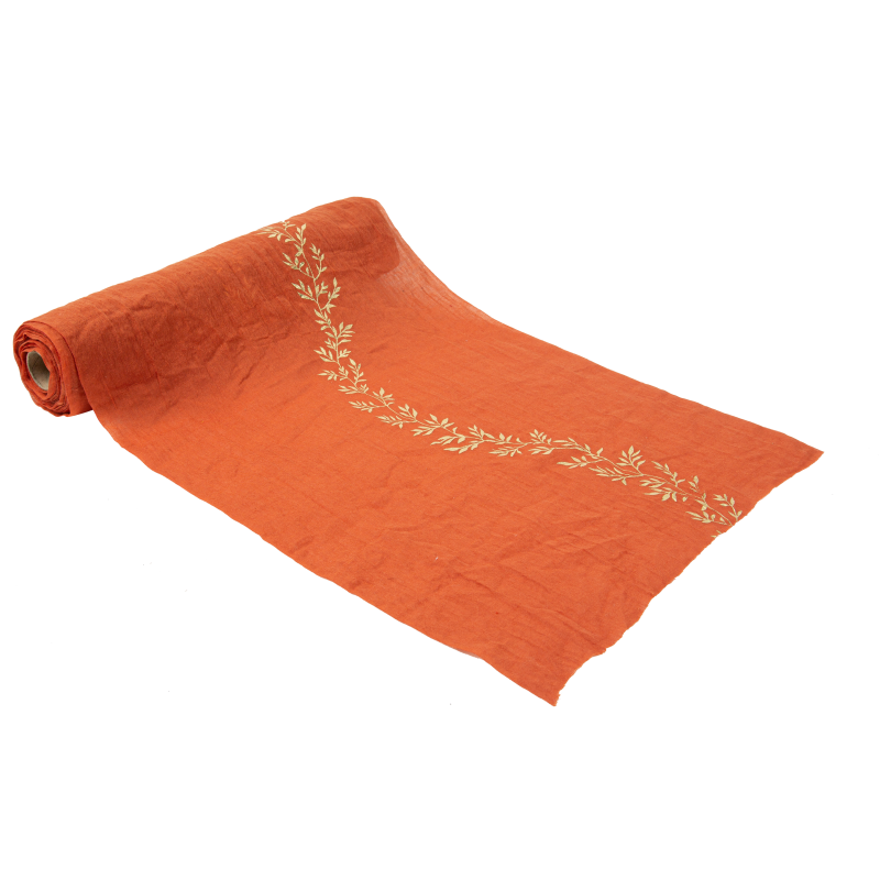 Chemin de table jolis brins mousseline terracotta et liseré végétal or 28cmx5m