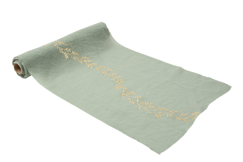 Chemin de table  jolis brins mousseline vert sauge et lisere vegetal or 28cm x 5m