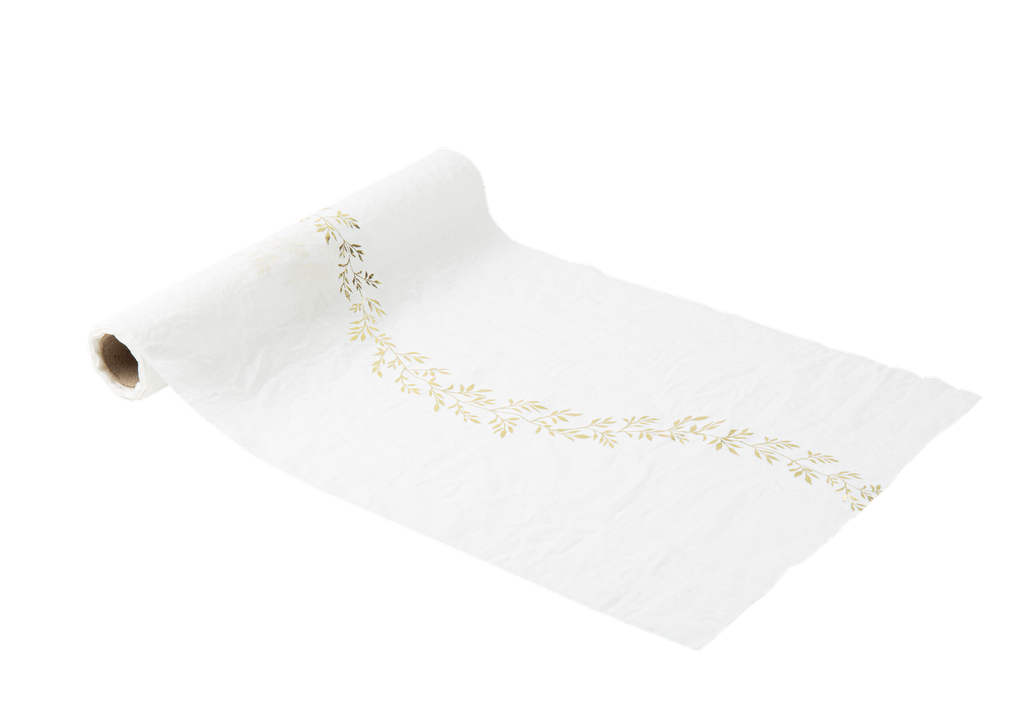 Chemin de table jolis brins mousseline blanche et liseré végétal or 28cmx5m