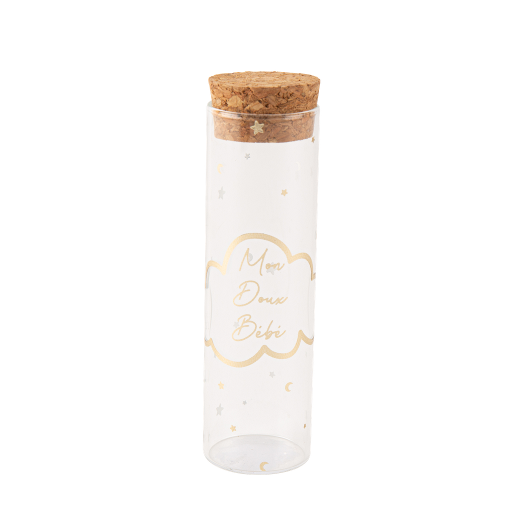 Tube à essai "mon doux bébé" nuage lunes et etoiles verre et or avec un bouchon liège diam 3 x 10 cm