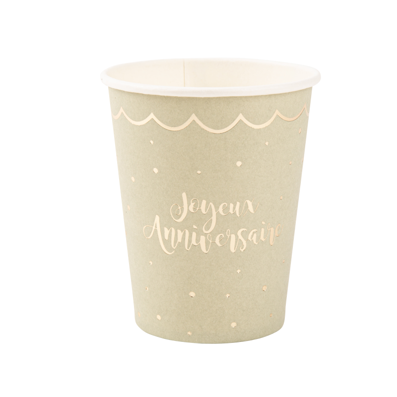 8 Gobelets "Joyeux Anniversaire" Jolis Pois Carton Vert Sauge et Or 255ml