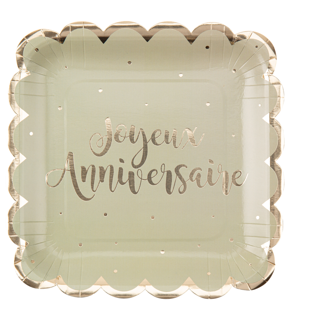8 Assiettes "Joyeux Anniversaire" Jolis Pois Carton Vert Sauge et Or 23cm
