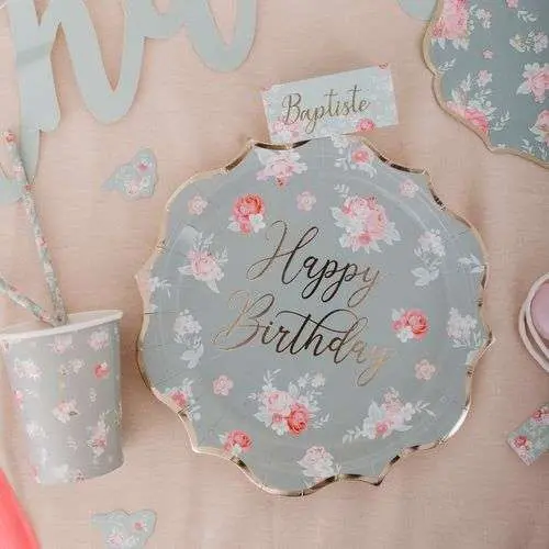 8 Assiettes "Happy Birthday" Spring Carton Vert Sauge, Rose et Or 23cm