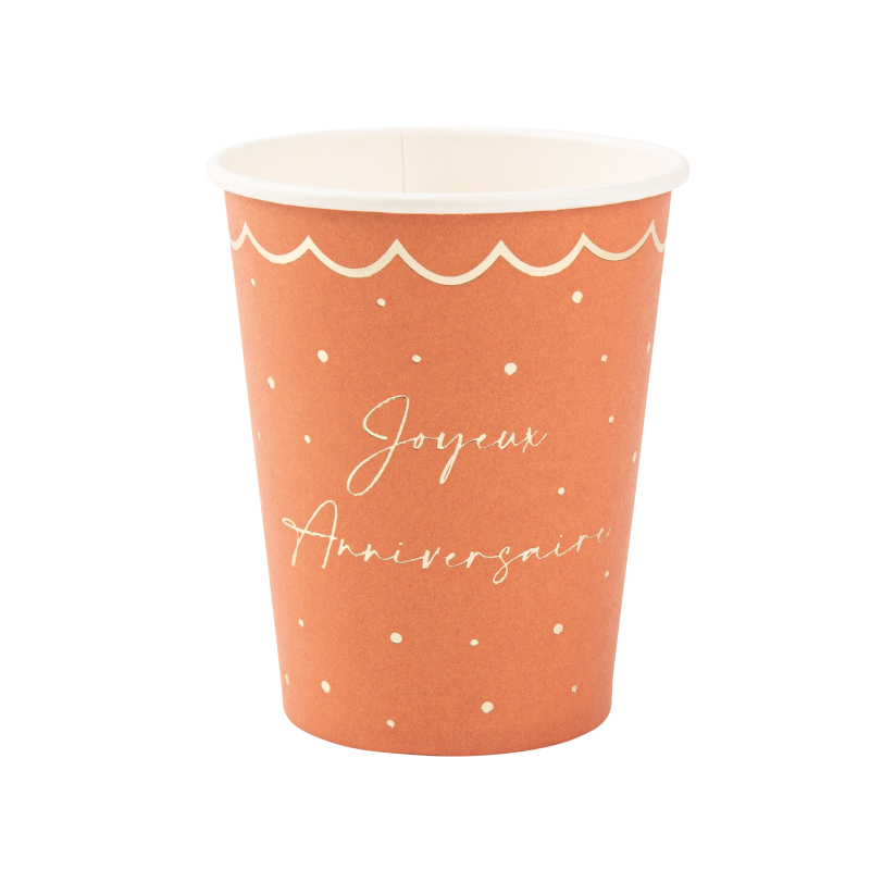 8 Gobelets "Joyeux Anniversaire" Jolis Pois Carton Terracotta et Or 255ml
