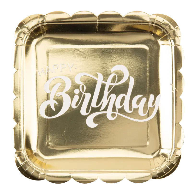 8 assiettes "happy birthday" carton or et blanc 23cm