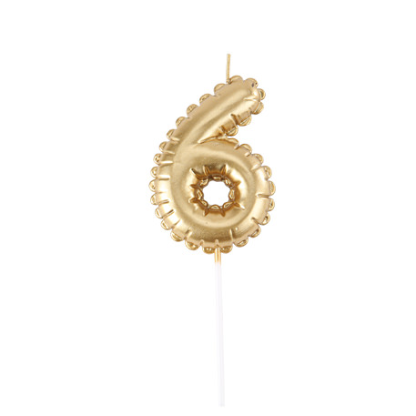 Bougie chiffre 6 effet ballon mylar or 8cm sur pic