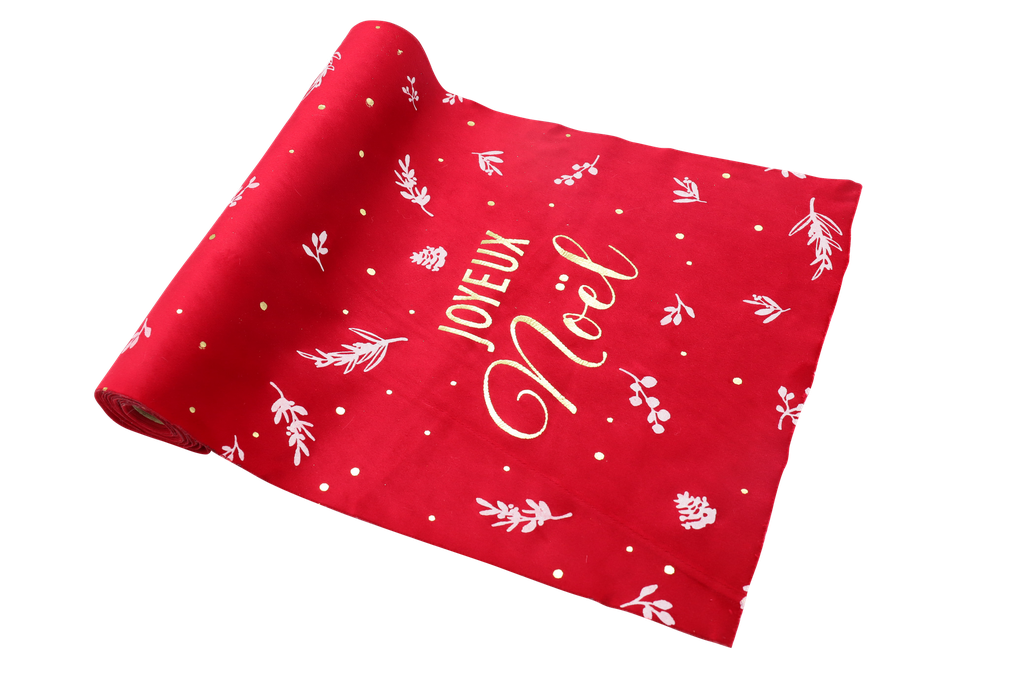 Chemin de table "joyeux noël" sweet christmas velours rouge, blanc et or 28cmx3m