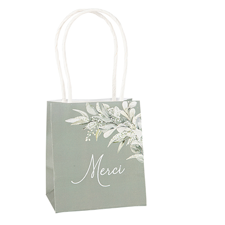 6 sacs "merci" greenery papier vert de gris et blanc 10x11x7cm