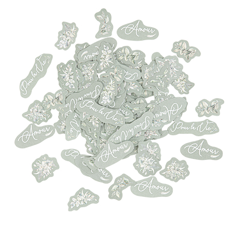 100 confettis greenery papier vert de gris et blanc de 1,5 à 4,5cm