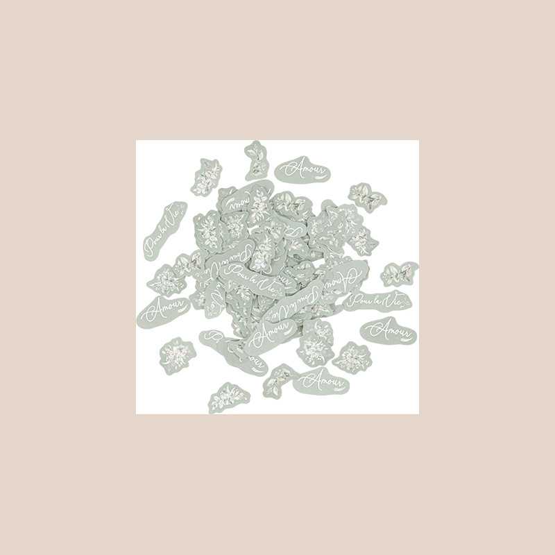 100 confettis greenery papier vert de gris et blanc de 1,5 à 4,5cm