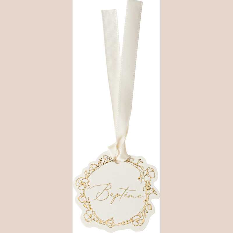 10 étiquettes baptême papier crème et or ø5cm et ruban satin crème