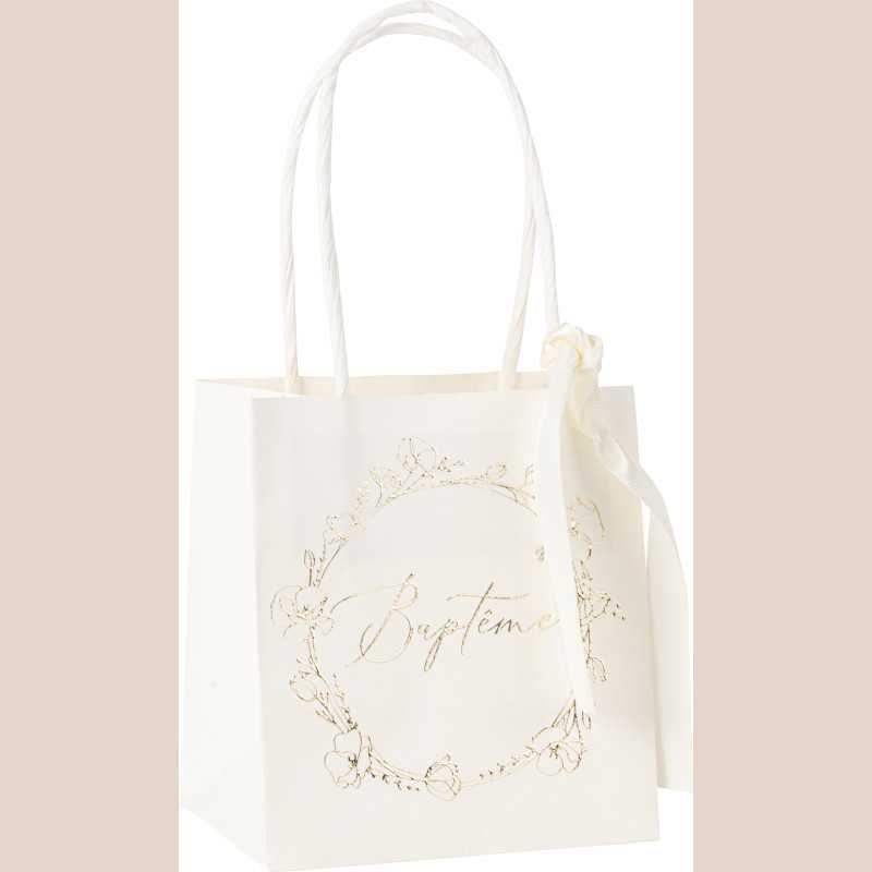 6 sacs baptême papier crème et or 10x11x7cm et ruban satin crème