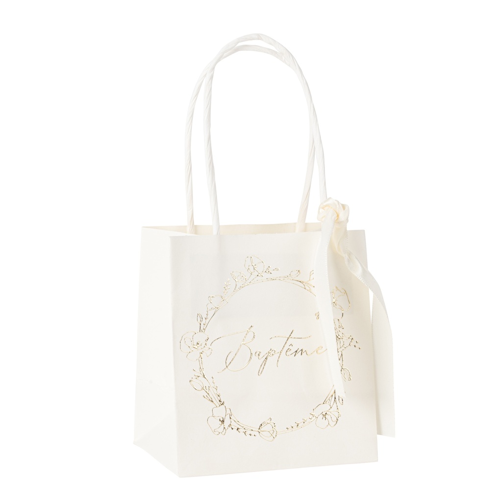 6 sacs baptême papier crème et or 10x11x7cm et ruban satin crème