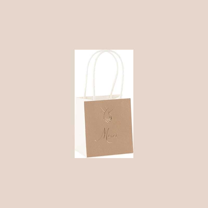 6 sacs "merci" bella terra papier camel, ivoire et or 10x11x7cm