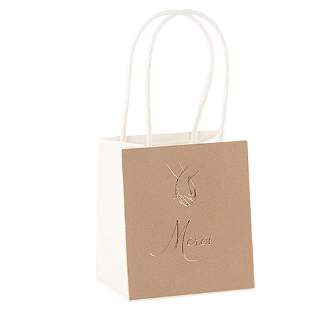 6 sacs "merci" bella terra papier camel, ivoire et or 10x11x7cm