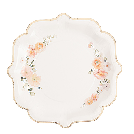8 assiettes peachy rose carton, pêche et or 23cm
