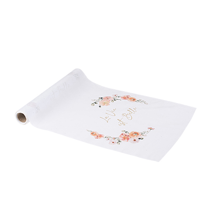 Chemin de table "la vie est belle" peachy tissu rose. pêche et or 28cmx5m