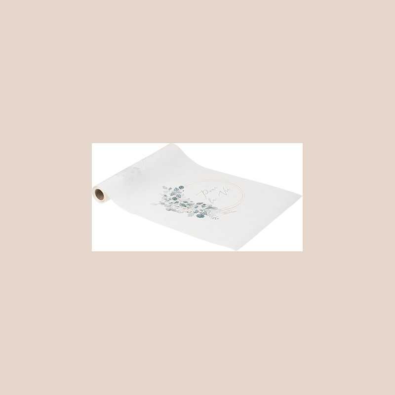 Chemin de table "pour la vie" jardin botanique tissu blanc et vert sauge 28cmx3m