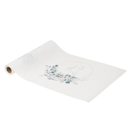 Chemin de table "pour la vie" jardin botanique tissu blanc et vert sauge 28cmx3m