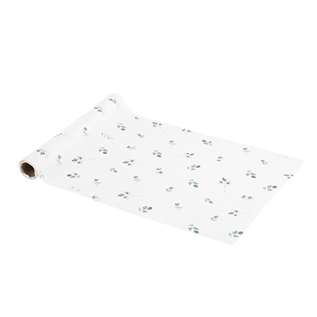 Chemin de table jardin botanique tissu blanc et vert sauge 28cmx3m