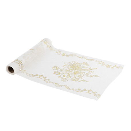 Chemin de Table Vintage Mousseline Blanc et Or 28cmx5m