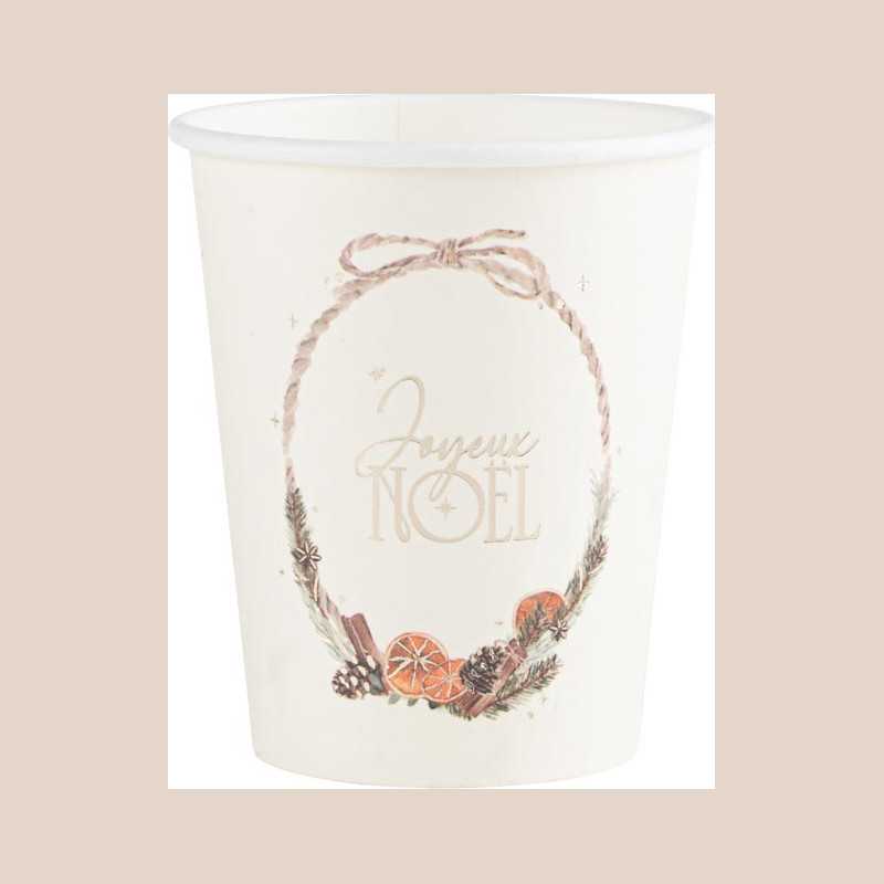 8 gobelets "joyeux noël" nature christmas carton crème, orange et or 255ml