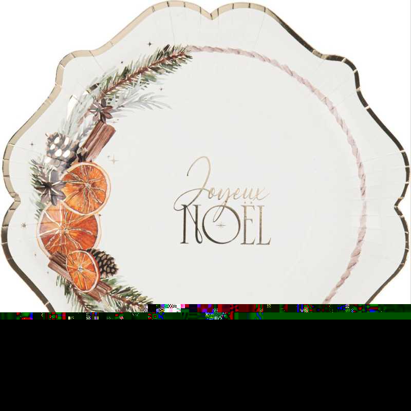 8 assiettes "joyeux noël" nature christmas carton crème, orange et or ø22,5cm