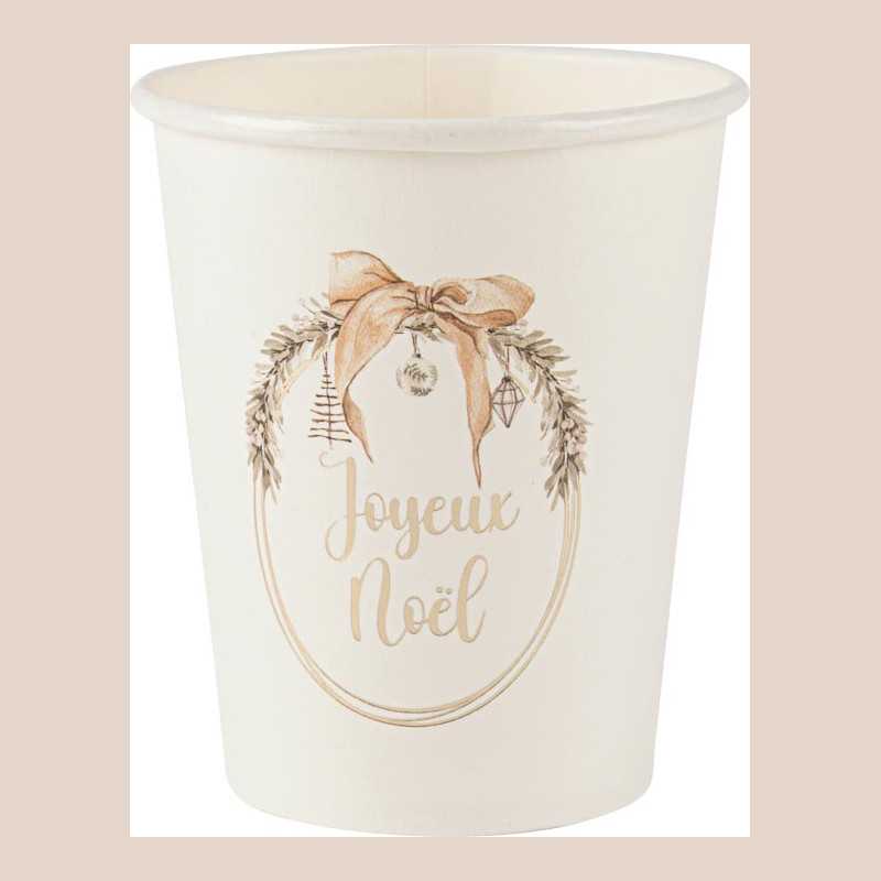 8 gobelets "joyeux noël" cocoon christmas carton crème, beige et or 255ml