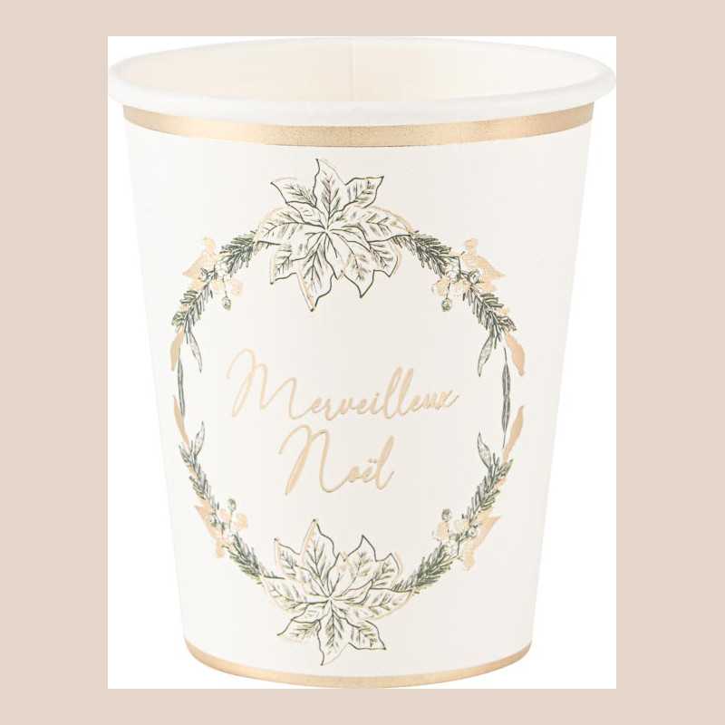 8 gobelets "merveilleux noël" vintage christmas carton blanc, vert anglais et or 255ml