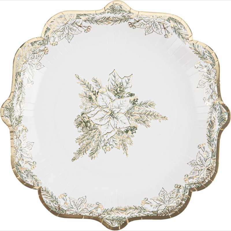 8 assiettes vintage christmas carton blanc, vert anglais et or ø22,5cm