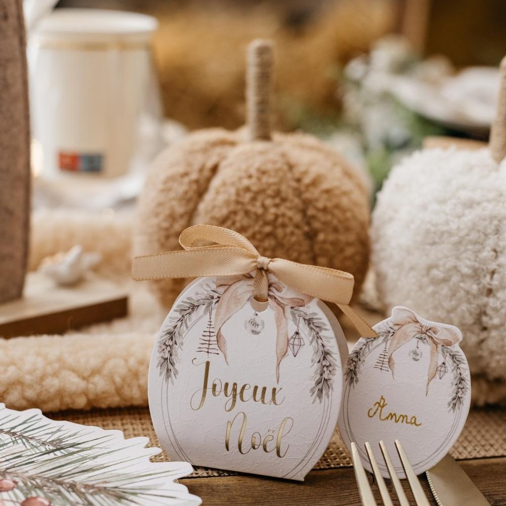 8 contenants "joyeux noël" cocoon christmas, beige et or 7,2x8,5x4cm et ruban satin beige