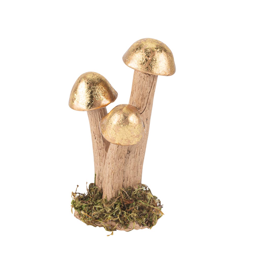 3 champignons sur socle mousse végétale vert, beige et or 11x6,5cm