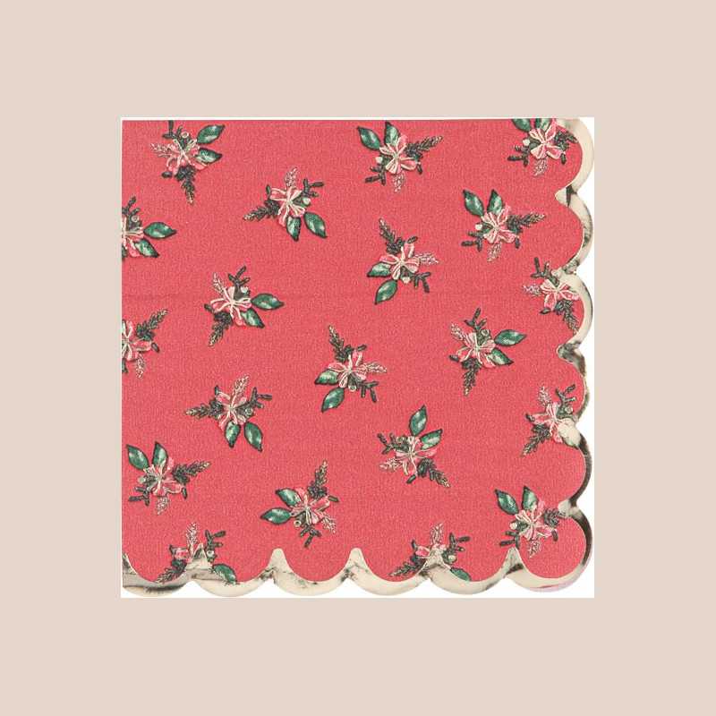 20 serviettes cocktail christmas time papier rouge, vert et or 24x24cm - 3 plis