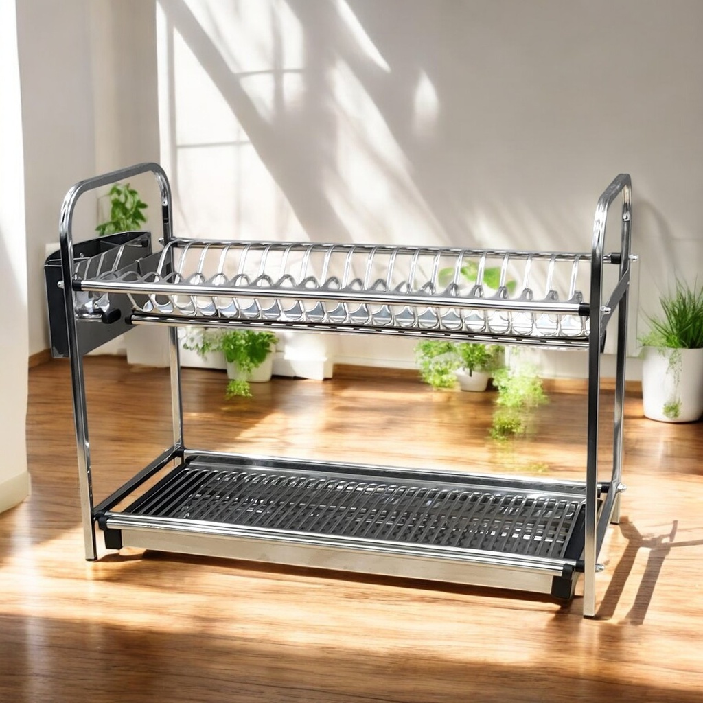 Egoutoire à vaisselle en métal avec un support pour assiettes et un plateau de récupération