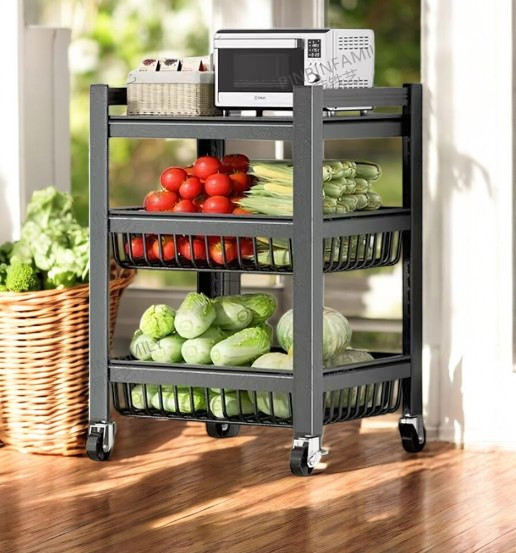 Chariot de rangement en métal noir à 3 niveaux sur 4 roues