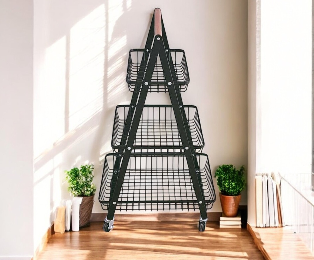 Chariot de rangement en métal noir à trois niveaux, avec un design en forme de pyramide