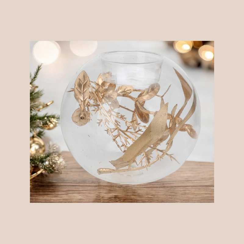 Boule porte bougie verre feuillage doré eucalyptus