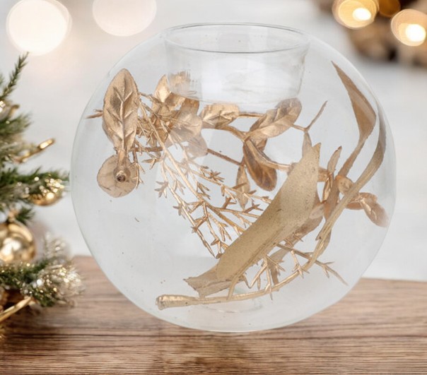 Boule porte bougie verre feuillage doré eucalyptus