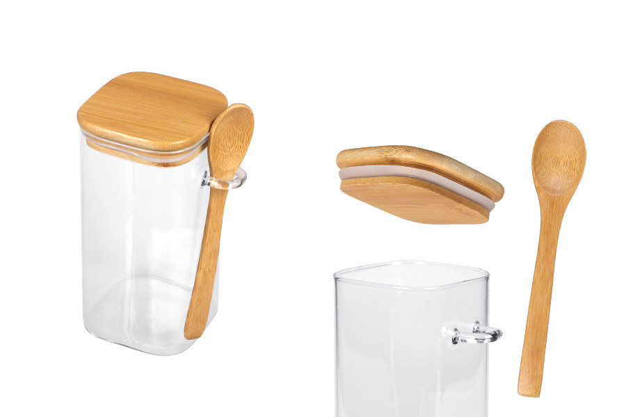Pot en verre couv. bois + cuillère 100*150cm