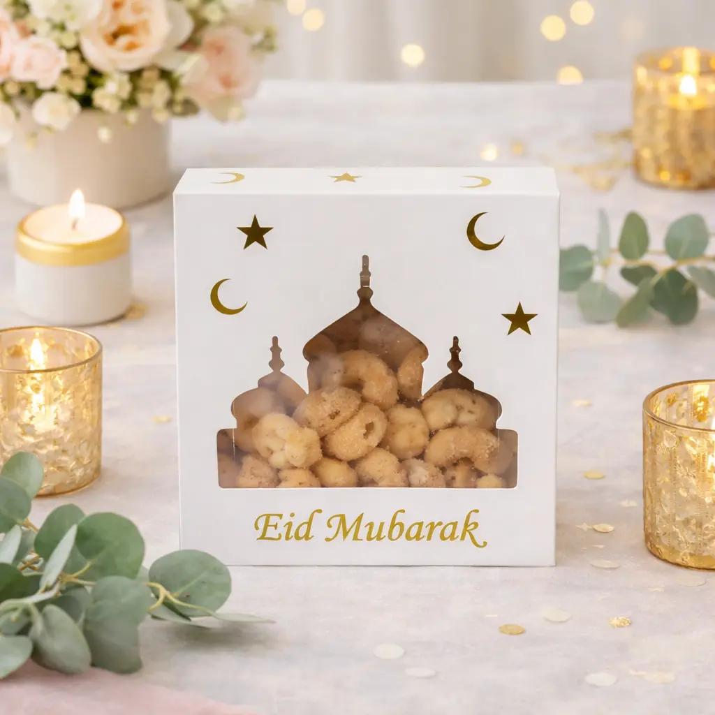 Boite eid mubarak blanc or  15x15x3.5cm