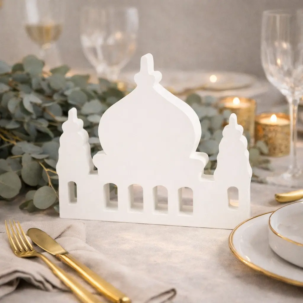 Deco de table bois mosquee blanc 14.8x12.6x2cm 