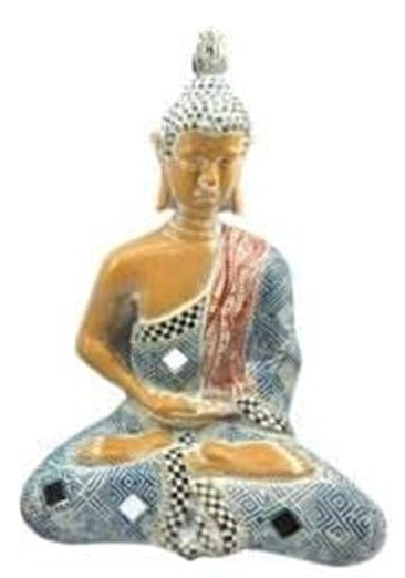 Figurine résine 13x8,8x20,5 buddha bleu et miroir