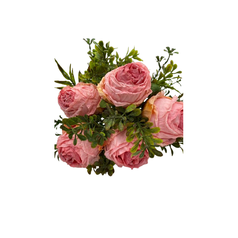 Bouquet de roses rose -panaché+ feuilles