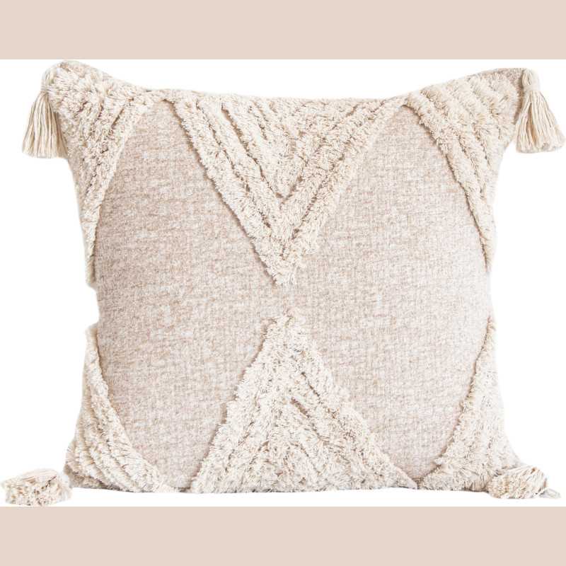 Coussin chiné marron clair pompons 45x45cm